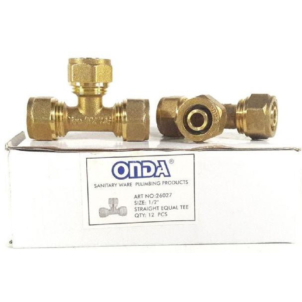 ONDA Straight Equal Tee (6027) Sambungan Drat Pipa Cabang Kuningan Water Heater 1/2&quot;