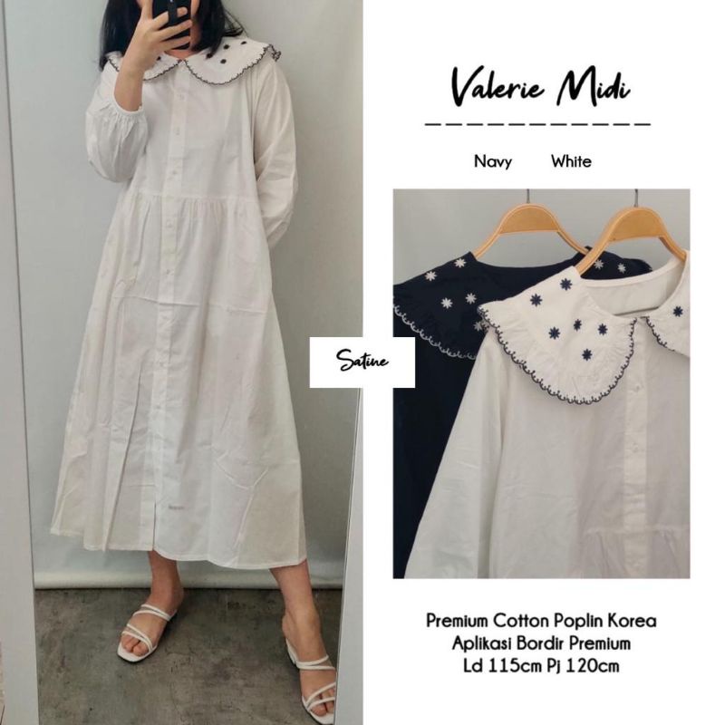 Valeria Midi Dress Maxy Gamis Polos Putih Navy Katun Poplin Korea Ld 115 Jumbo Fit XXL Aksen Bordir By Satine