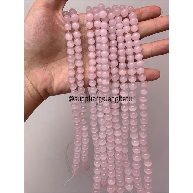 Bahan renceng kalung Gelang pink cat eye 8mm mata kucing akik langka