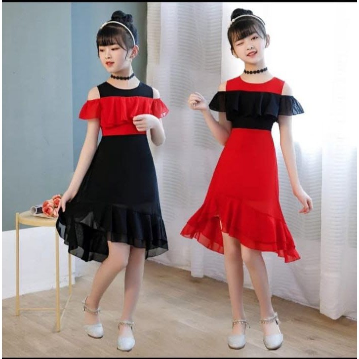 Baju anak Perempuan DRESS anak megi kid korean Ardila crep combi sifon / Dress Anak Remaja