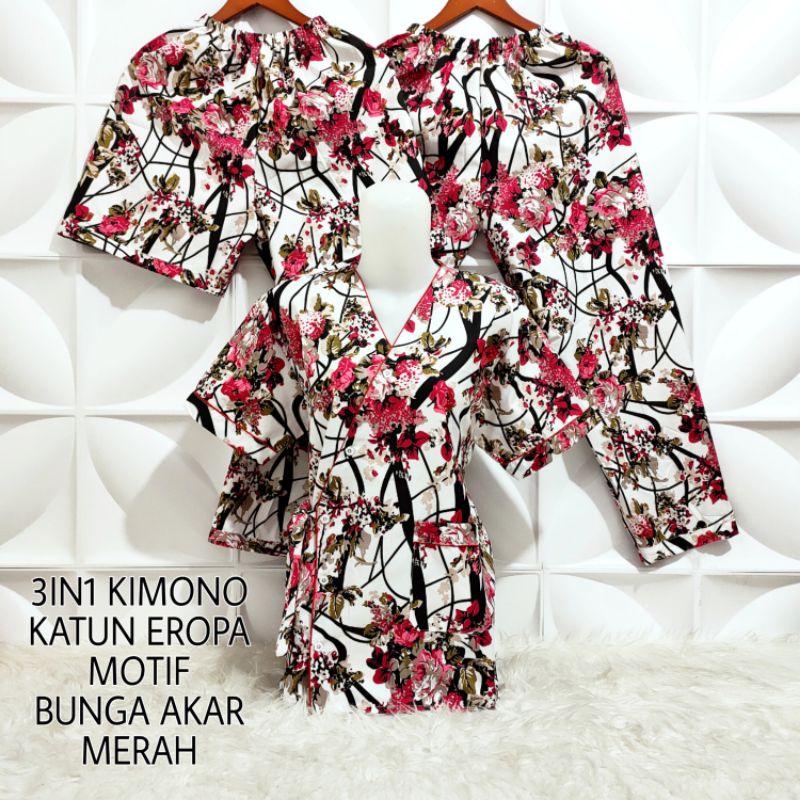 Piyama Kimono 3 in 1 dewasa motif Bunga sakura-Akar Merah KMN