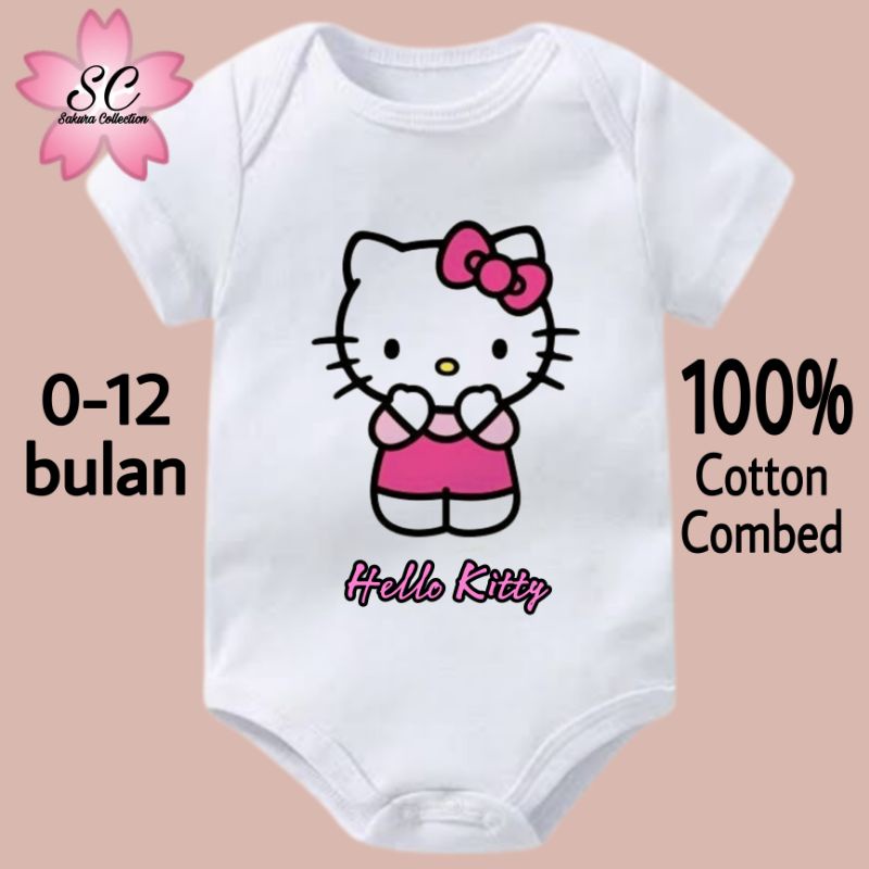 Kaos baju bayi jumper baby kids pendek HELLO KITTY cute vintage logo tulisan usia 0 1 2 3 4 5 6 7 8 9 10 11 12 bulan sampai umur 1 tahun adem jumpsuit babysuit romper bodysuit little anak kecil hitam style laki laki perempuan unisex nyaman lembut