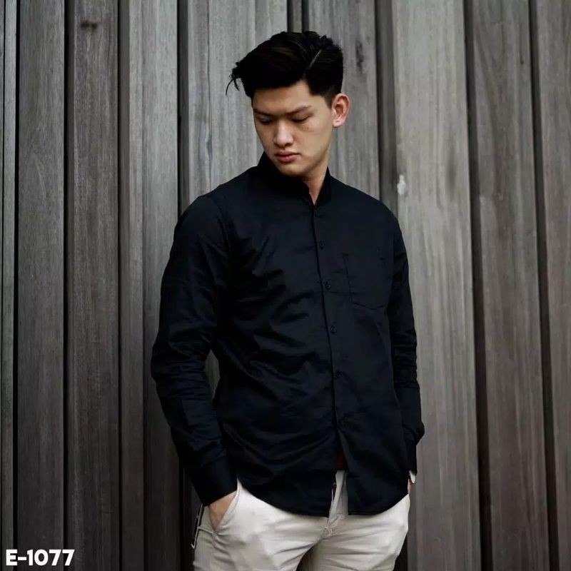 KEMEJA HEM POLOS LENGAN PANJANG PAKAIAN KONDANGAN HITAM SLIMFIT CASUAL