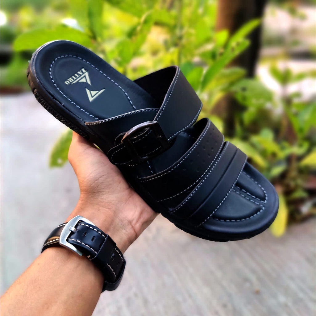 Promo mantul sale sendal slip on pria by zatiro slop hitam kokop sol puyuh bahan kulit premium santai nyaman digunakan - fullblack