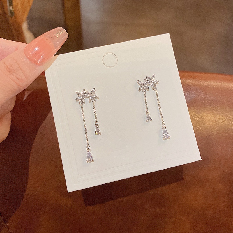 Anting Silver needle 925 Bentuk Bunga Rumbai Bahan Zirkon