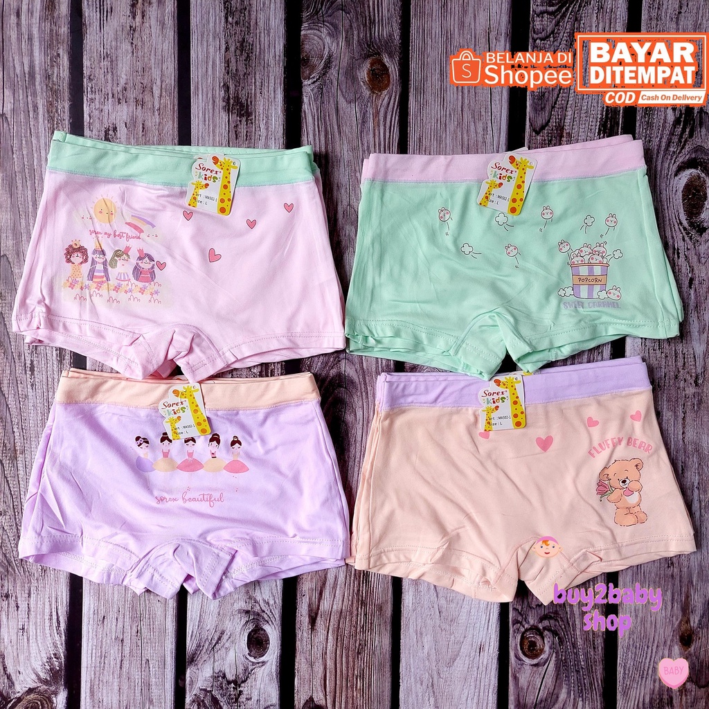 Sorex Kids celana dalam anak cewek model kotak katun premium halus dan lembut anak usia 5-7 Tahun isi 4 PCS