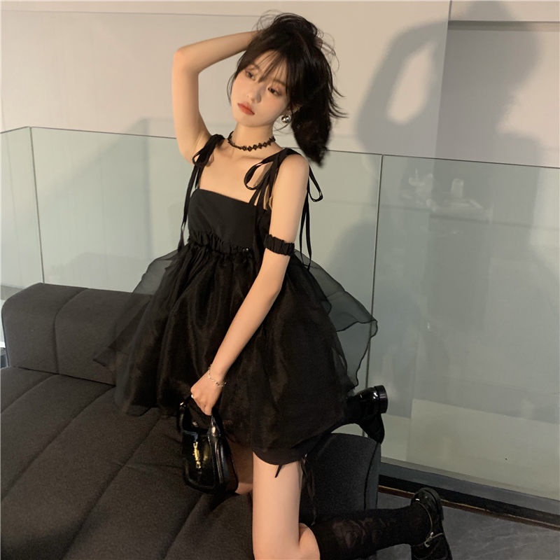 dress korean style dark suspender dress retro high waist French a-line short skirt fairy summer