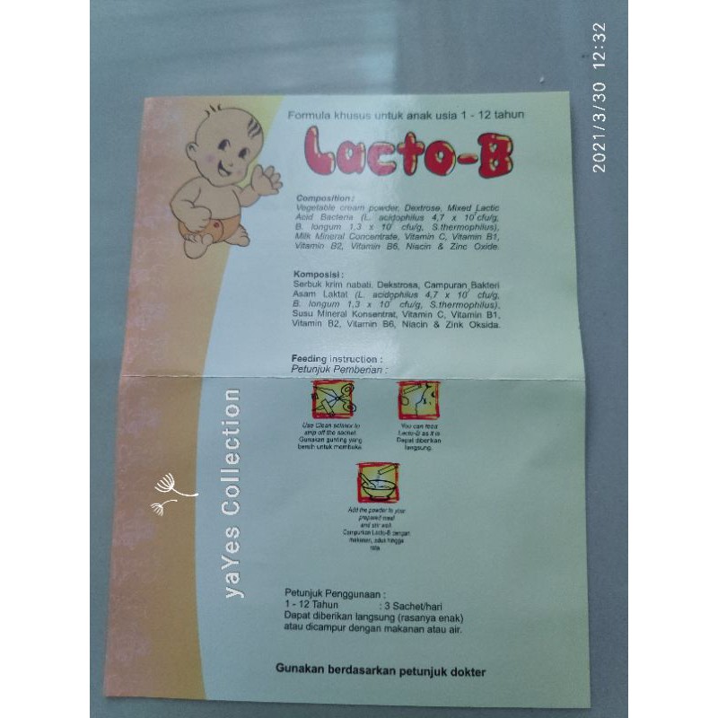 Lacto B Probiotik untuk diare &amp; Pencernaan 1 - 12 tahun anak baby Sachet 1 PCS Serbuk krim Nabati