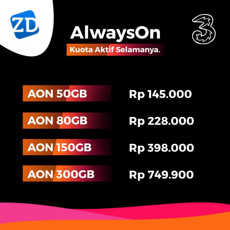Isi Ulang Kuota Tri AON Super 50GB, 80GB, 150GB, dan 300GB Termurah