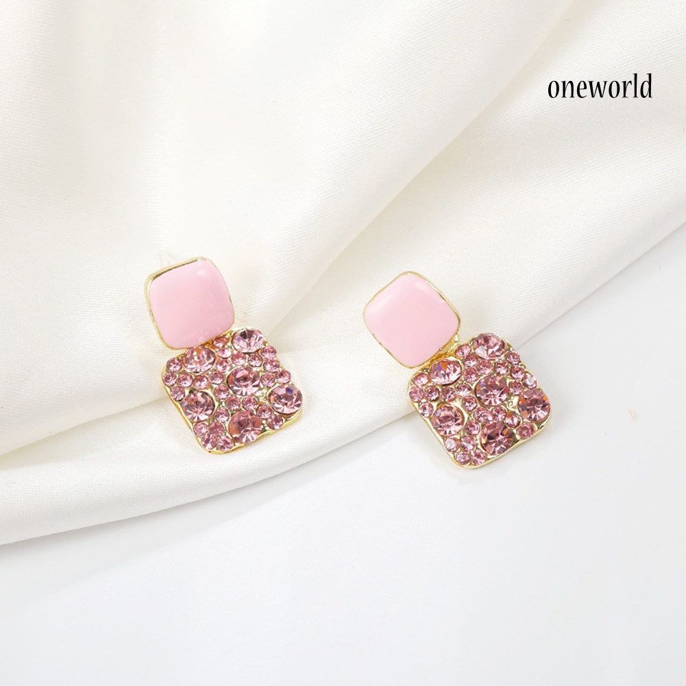 OW# Women Elegant Geometric Full Drill Rhinestone Love Heart Square Earring Ear Stud