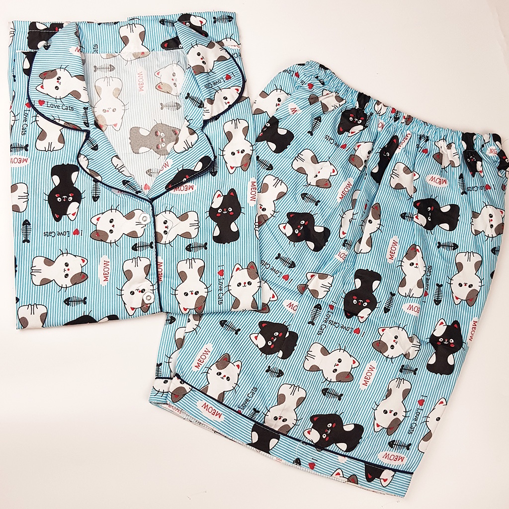 Setelan Piyama Dewasa Celana Pendek Lengan Pendek Hotpant All Size-HPL CAT STRIP BLUE