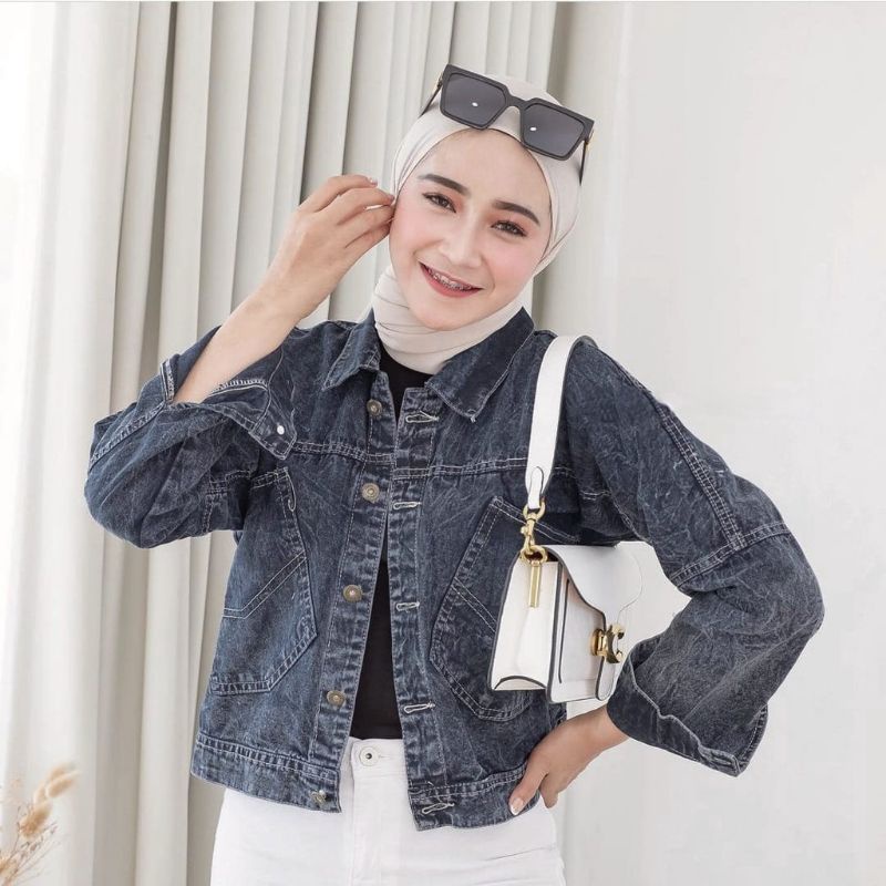 Jaket Crop Jeans Back Button Korean Style Biondy Cindy Melia Ji Hyun Olivia Zilva