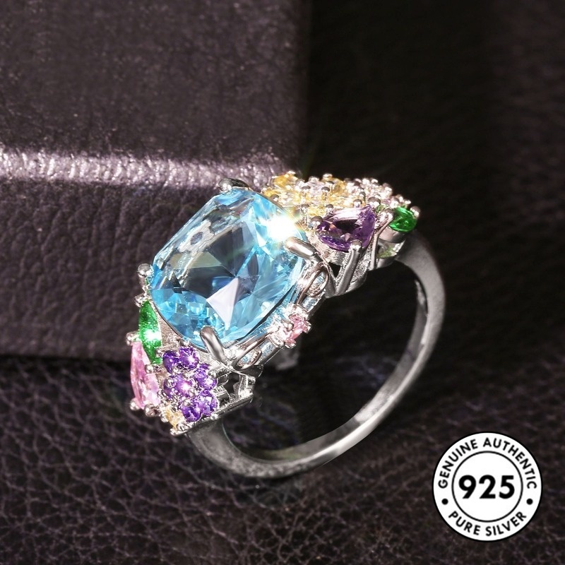 Cincin Silver S925 Aksen Batu Permata Bentuk Persegi Warna-Warni