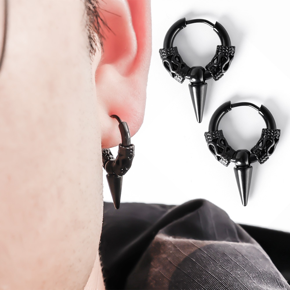 Anting Stud Bentuk Lingkaran Desain Naga Bahan Stainless Steel Gaya Hip Hop Gothic Untuk Pria Dan Wanita