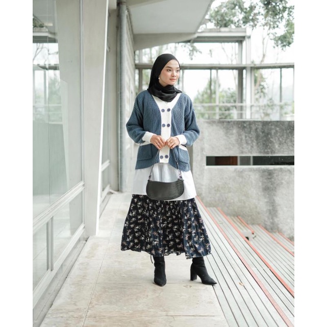 Bora One Set Cardigan rajut + Rok Plisket motif floral | Setelan wanita korea | Outfit muslim baju Rajut Premium