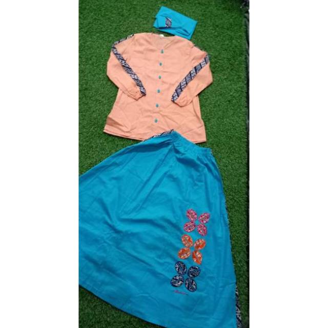 Setelan Gamis Anak Dannis Batik Biru Peach 6 9 11