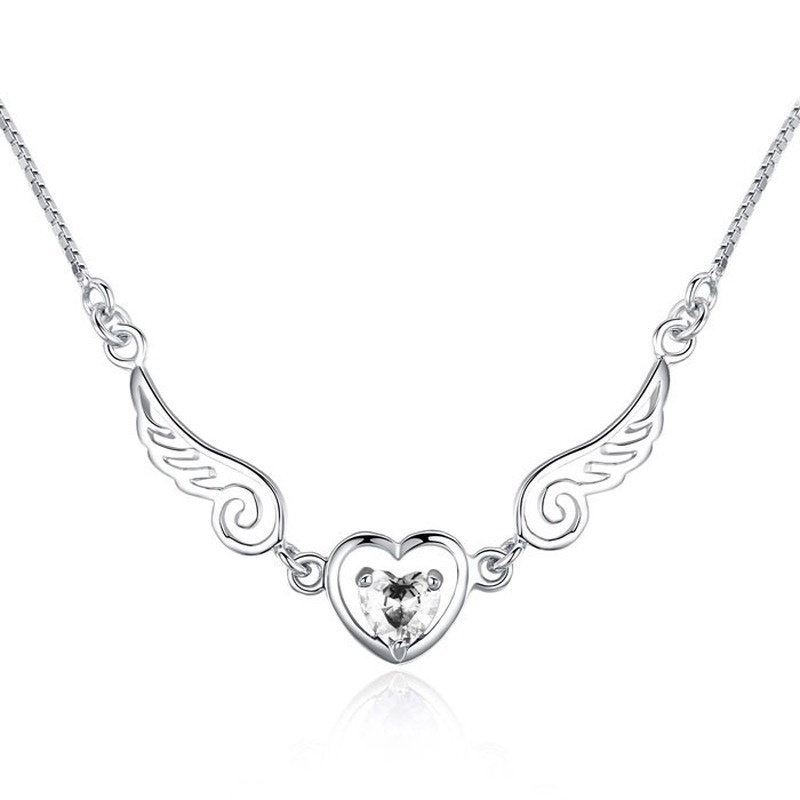 [Ready Stock]Fashion Heart Wings Jeweled Pendant Silver Necklace