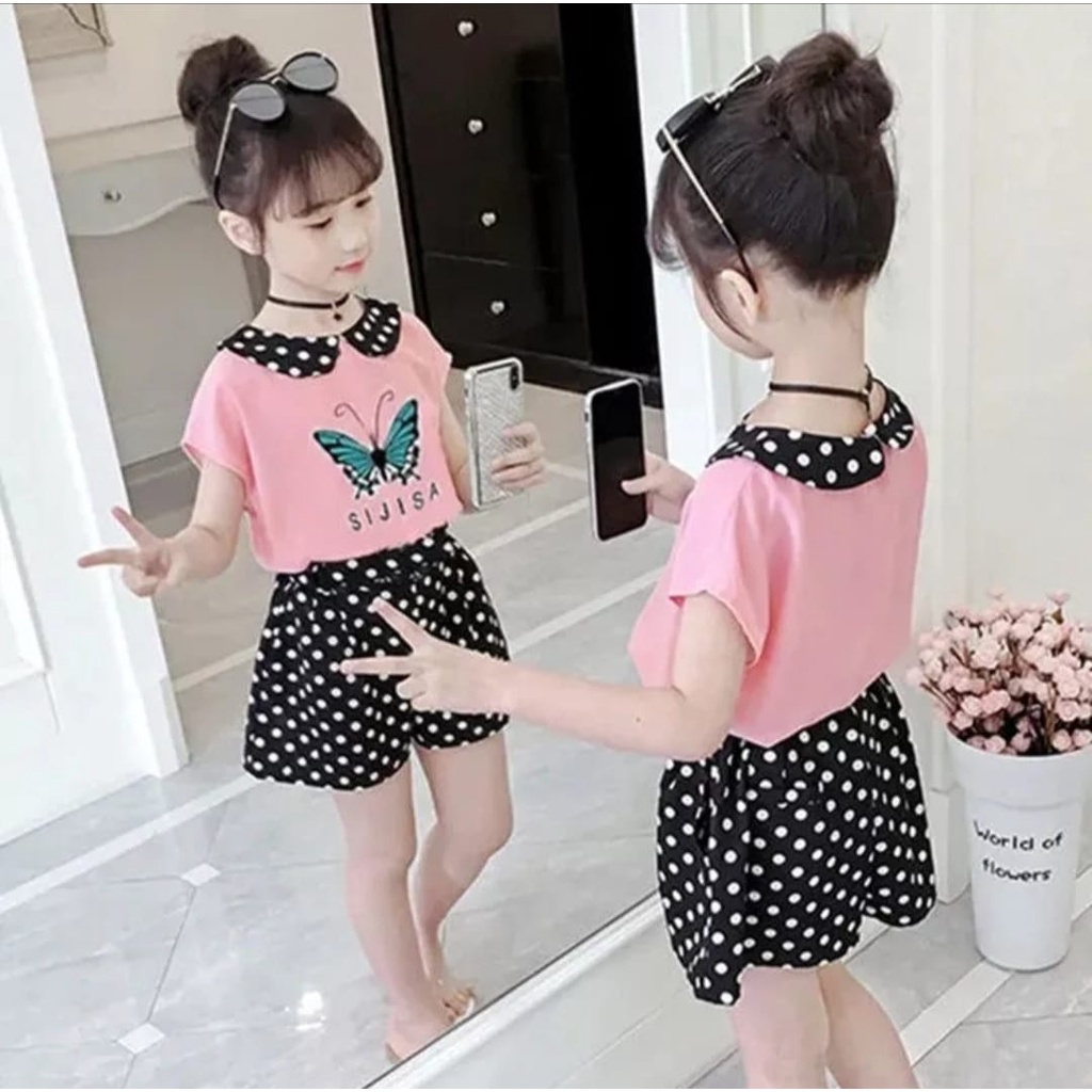 INV - KIDS SETELAN BUTTERFLY / POLKA SKIRT / PINK / PUTIH / TERBARU / 3-5 THN