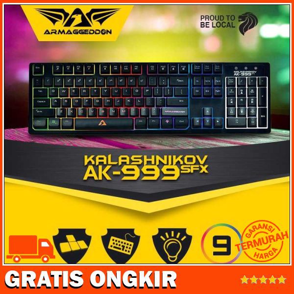 Armaggeddon AK-999 SFX Full-Size Membrane Gaming Keyboard, Tahan Tumpahan, 104 Tombol, USB Wired, Multicolor Backlight