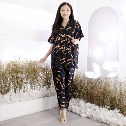 Setelan Piyama Wanita Baju Tidur Cewek Motif Tie Dye One Set Rayon Adem Jumbo XL-XXL Caris CP-CARIS HITAM