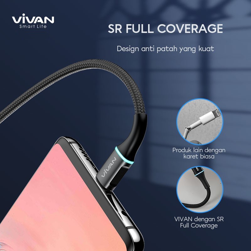 Kabel Vivan LED Light Quick Charge 1M For Iphone Type-C Micro 3A - Garansi Resmi 1 Tahun