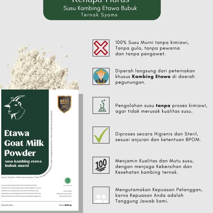 

DQ Premium Susu Kambing Etawa Bubuk Syams 1000 gram Pure Murni Alami Organik Pasteurisasi tanpa campuran gula Original Mentah Kiloan Natural Asli 1 Kg DQ35 ➠