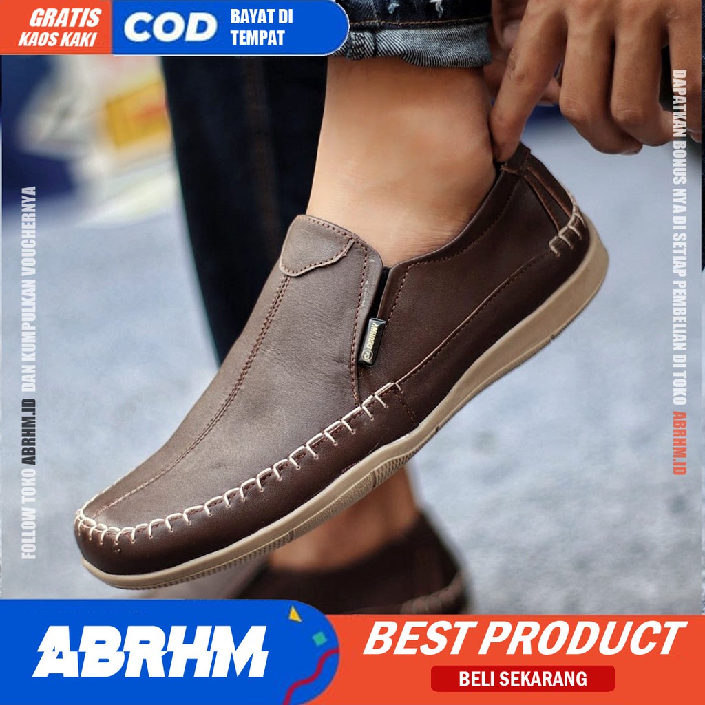 ABRHM X DIVOC Sepatu Casual Slip On Pria Sepatu Pria Casual Kulit Asli Sepatu Slop Anti Slip Cowok Sepatu Kasual Cowo Semi Formal Pantofel Kerja Kantor Kuliah Kondangan Gaya Santai Keren Kekinian Original Terlaris