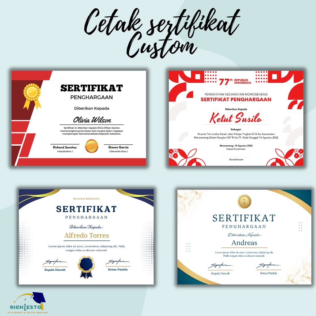 

Cetak Sertifikat/Piagam Ukuran A4/Custom/Cetak Piagam Penghargaan