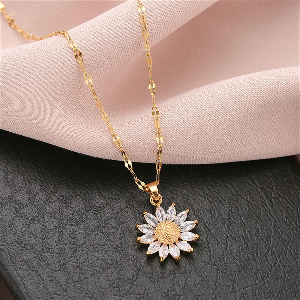 Top Sunflower Kalung Fashion Shiny Titanium Steel Boho Perhiasan Liontin Kristal