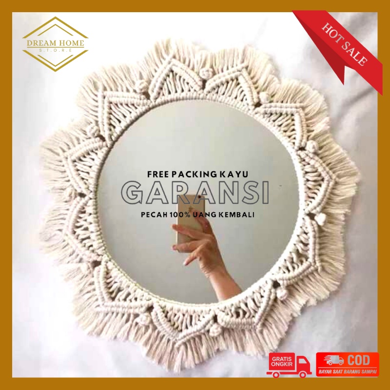 Cermin macrame bulat (diameter 35&40cm) cermin gantung cermin bulat hiasan dinding cermin hexagonal