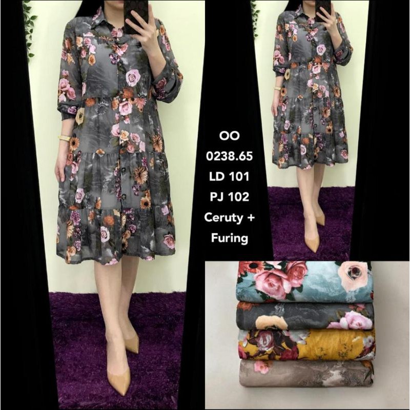 SALE  JUAL RUGI  Dress Tunik Gamis Floral Sifon Lengan Panjang