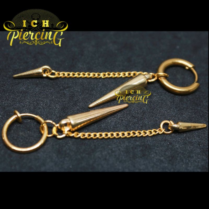 terbaru anting Hoop model tmbak dobel rantai gold / anting Korea gold / anting titanium tindik dan jepit / ICH PIERCING