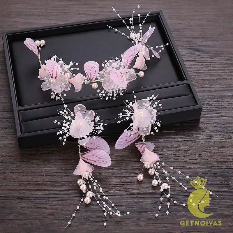 FerenHongXia mahkota + anting&quot; ( 1 set ) sweet flower hair ornaments gold pink