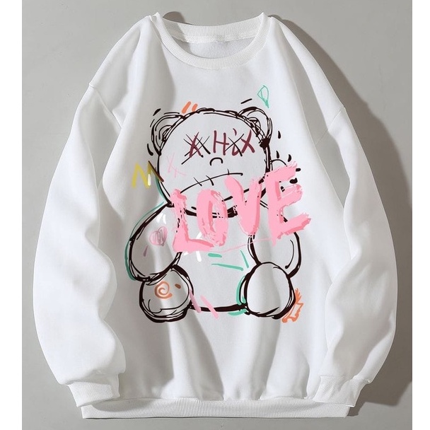 BEAR LOVE Oversize Sweater Crewneck Oblong Wanita | Baju Blouse Kece and Stylish Fleece Tebal Korean Style