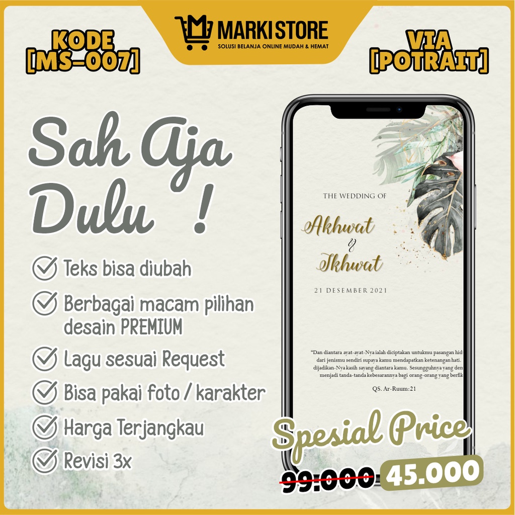 UNDANGAN DIGITAL PERNIKAHAN VIDEO MODERN ELEGAN ISLAMI JAWA MURAH WEDDING INVITATION KODE MS-007