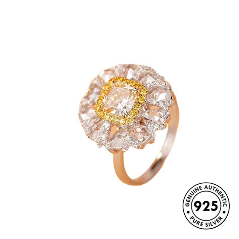 Cincin Sterling Silver 925 Model Bunga Dengan Berlian Kuning Mewah Untuk Wanita