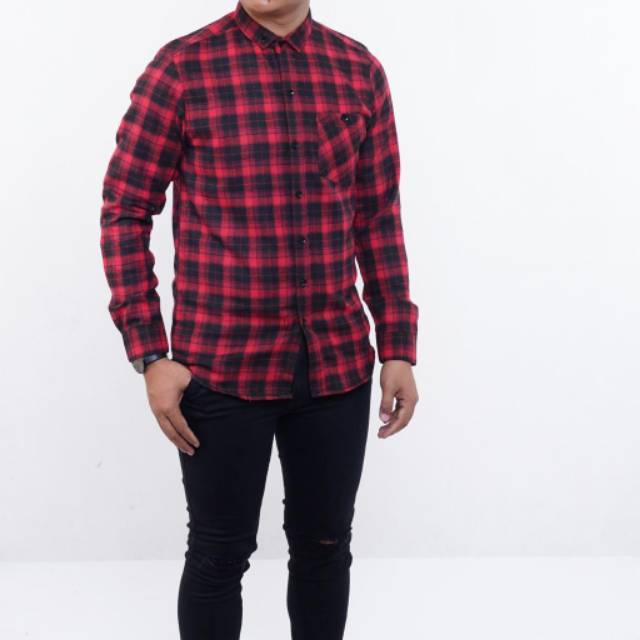 YB KEMEJA FLANEL PRIA MOTIF KOTAK LENGAN PANJANG MODEL SLIM FIT COWOK LONG SLEEVE FLANNEL BLACK RED