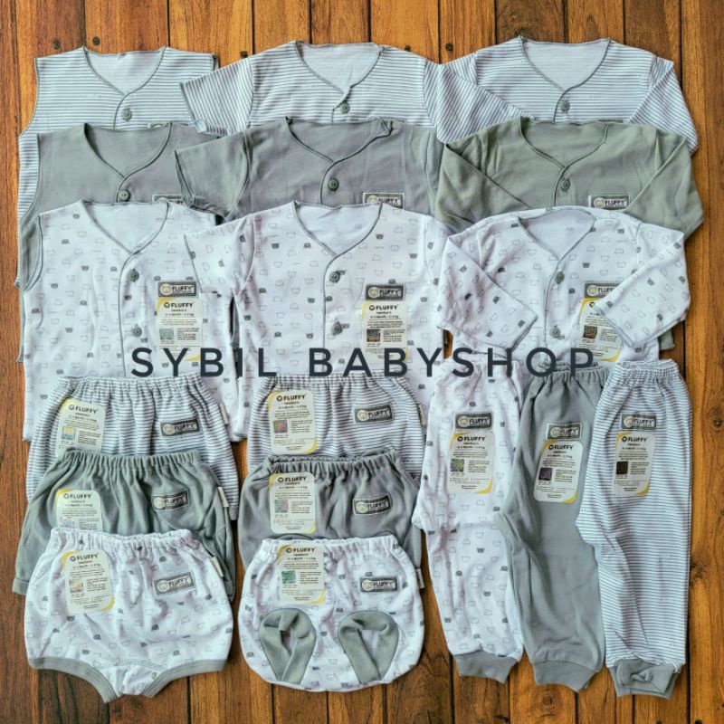 FLUFFY Paket Original Lengkap Baju Bayi (0-3 Bln) Perlengkapan Baru Lahir & Kado Bayi SNI-FLUFFY FUL GREY NECI