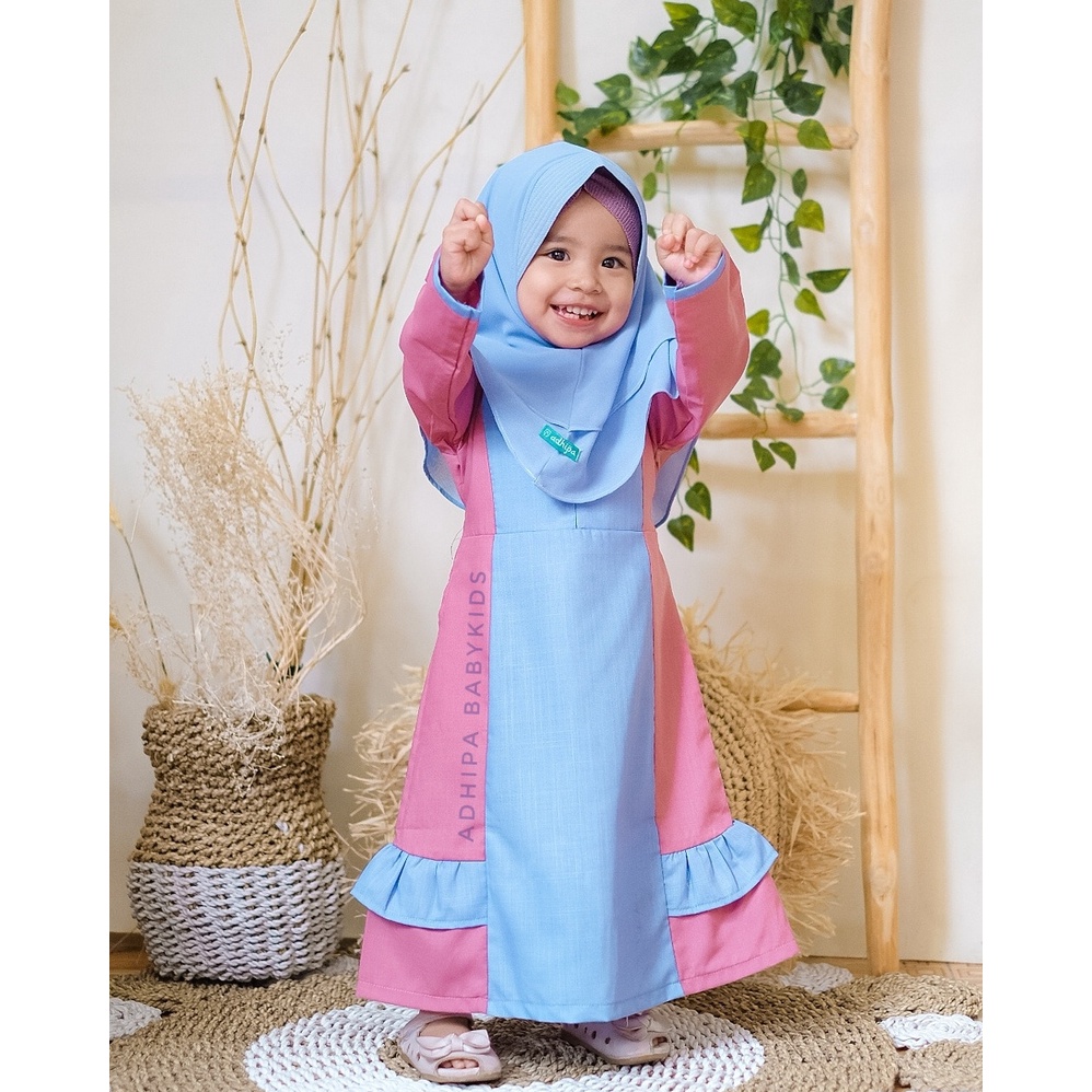 Setelan Gamis Anak Rabiza warna sky blue dan pink free kerudung