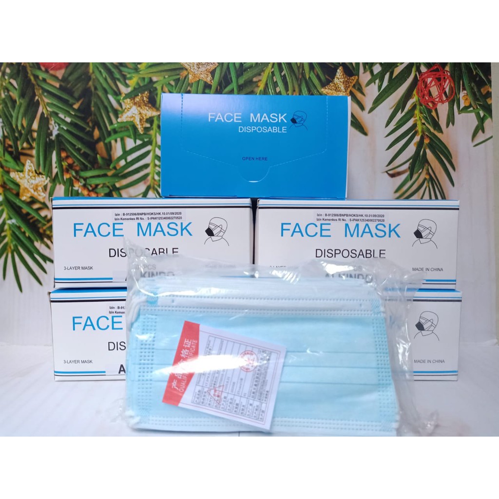 Masker Alkindo 3ply isi 50 pcs/box Warna Biru Earloop Cantol Kuping