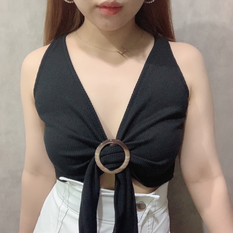 O Ring Crop Top | Atasan Wanita Sexy Vneck Korean Fashion | Maimon Grosir