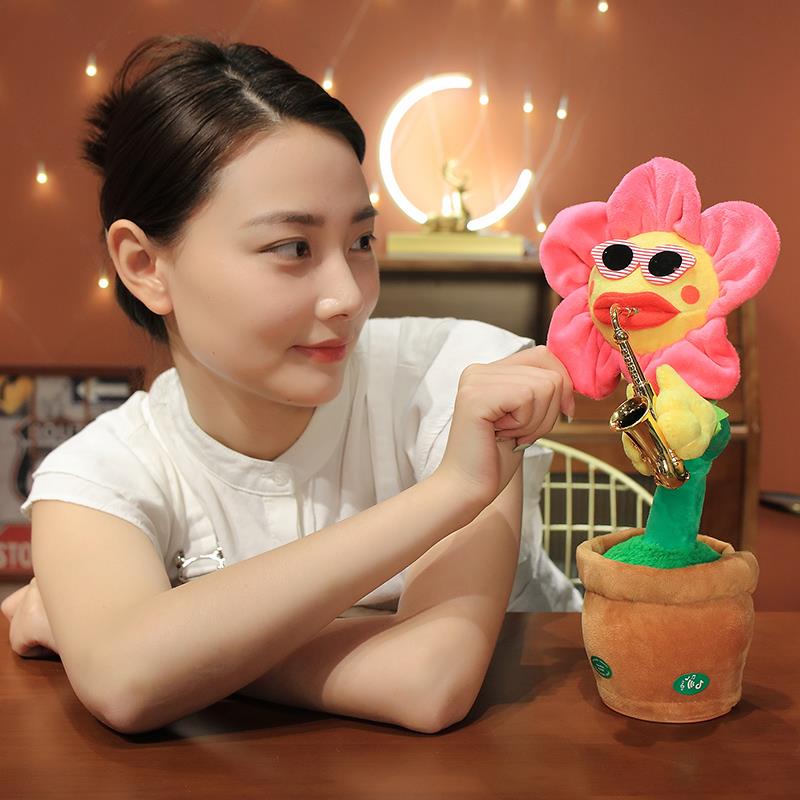 Ready✅Dancing Sunflower USB Singing Talking Repeating Recording Glowing Saxophone Soft Plush Flower Toy 120 Songs Musical Funny Gift