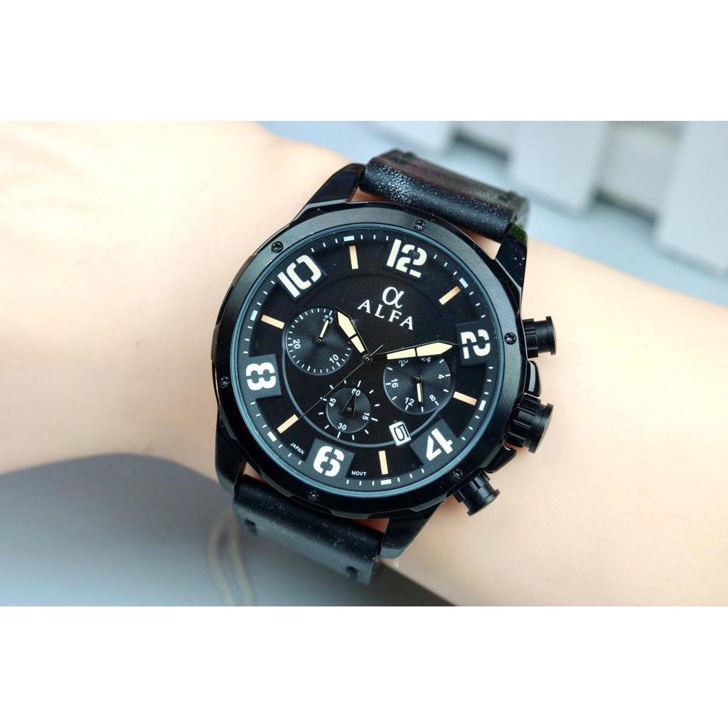 DSO- Jam Tangan Pria Original Alfa Analog Kulit Water Resistance Free Kotak