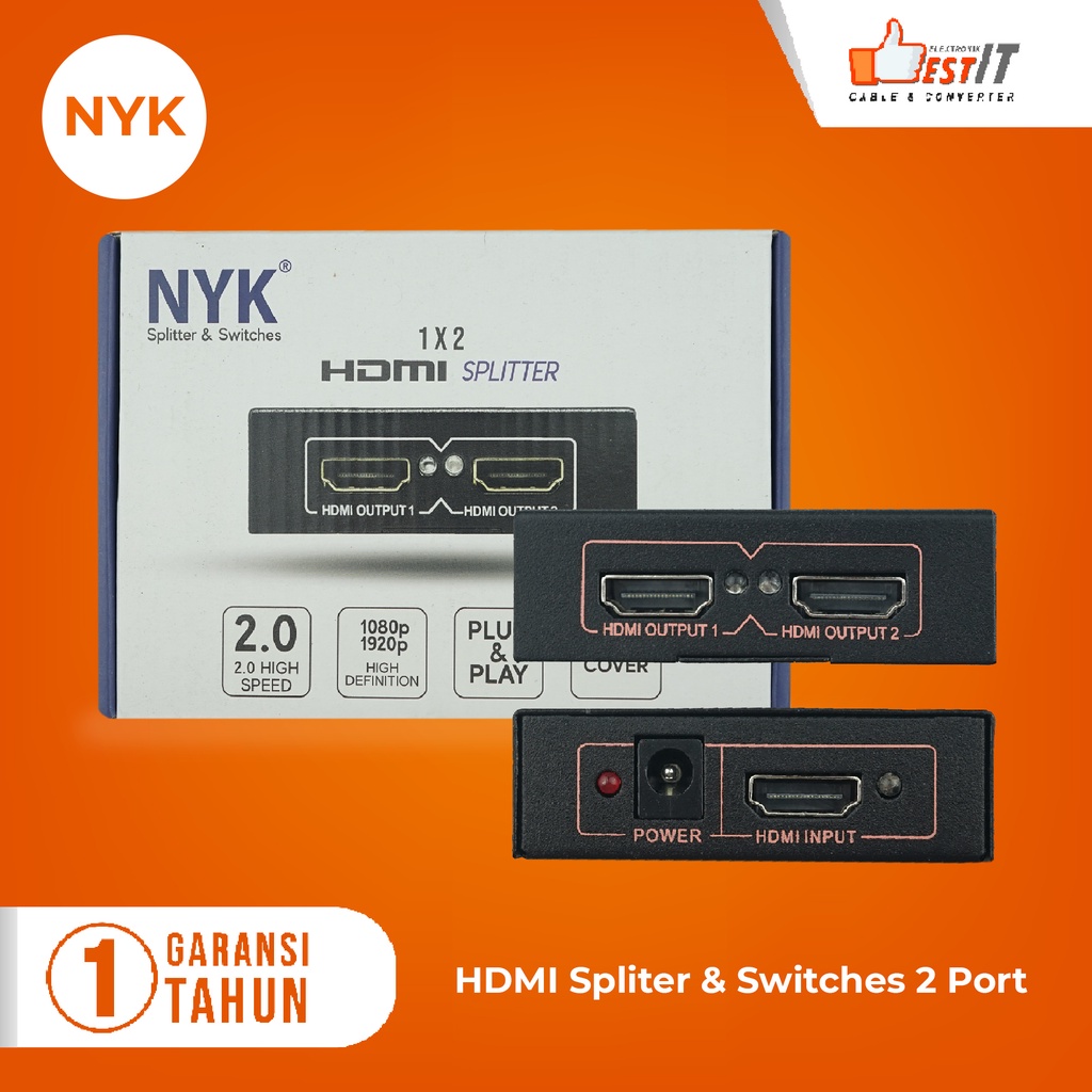 HDMI Splitter NYK 2 Port 1080P UHD -Splitter HDMI 1-2 Plus Adaptor NYK