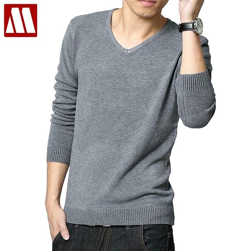 V Neck Grey Pakaian Baju Sweater Rajut Korea Pria Lengan Panjang PALING MURAH