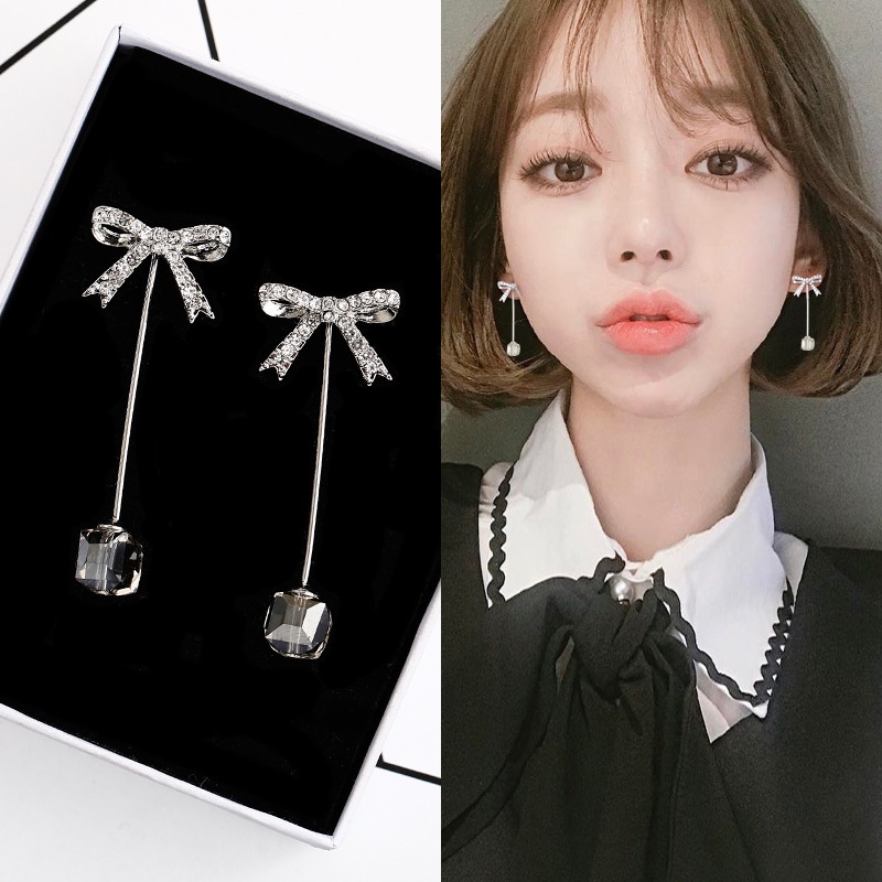 Gaya Korea rumbai busur Crystal block perak pin anting-anting gadis anting-anting anting-anting temp