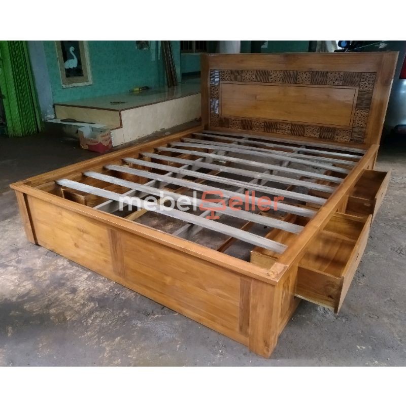 Tempat tidur minimalis laci kayu jati 160x200, dipan ranjang tidur