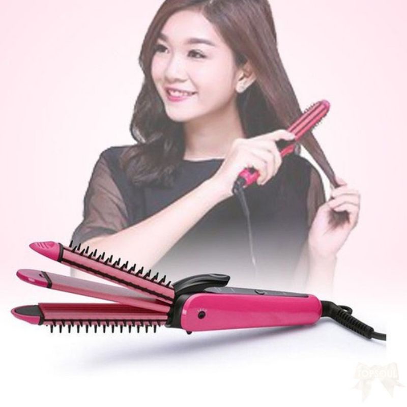 Catok Rambut 3 in 1 Staight Curly Taco Lurus Gelombang dan Keriting Catokan Rambut NHC 8890 Dengan Sisir