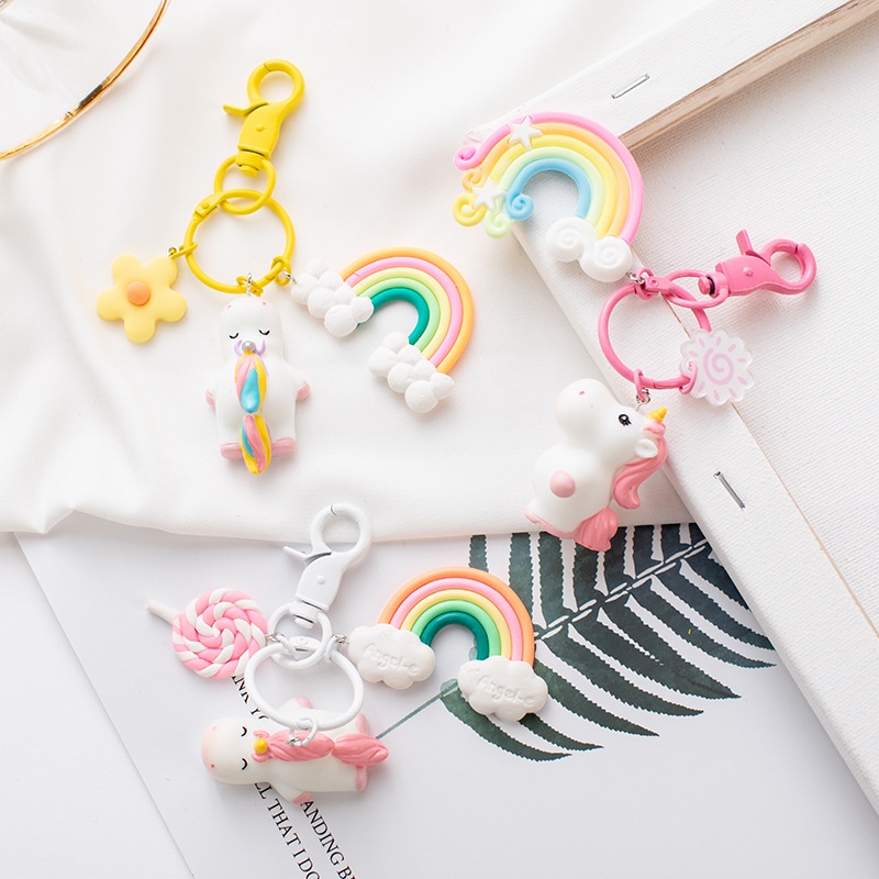 Cute Girl Unicorn Rainbow Flower Pendant Creative Couple Bag Car Key Chain