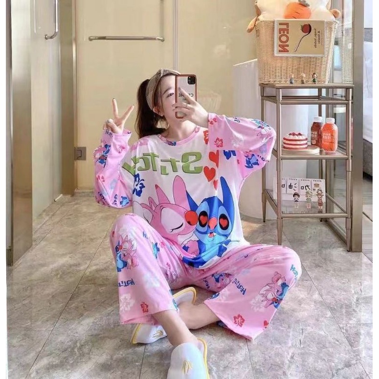 PIYAMA PP WANITA IMPORT SPANDEX|BIGSIZE|JUMBO/SET OVERSIZE/BAJU TIDUR lengan panjang-PP.BZ STITCH LOVER